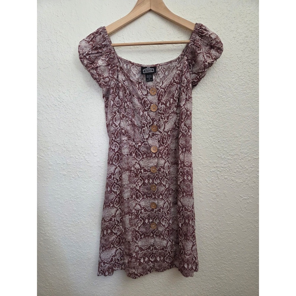 Angie Womens Mauve Snakeskin Print Button Front Mini Dress Puff‎ Sleeve Small